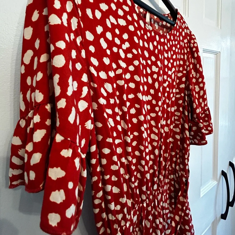 Belted Dalmatian Print Ruffle Trim Dress, Sz L - Picture 8 of 13